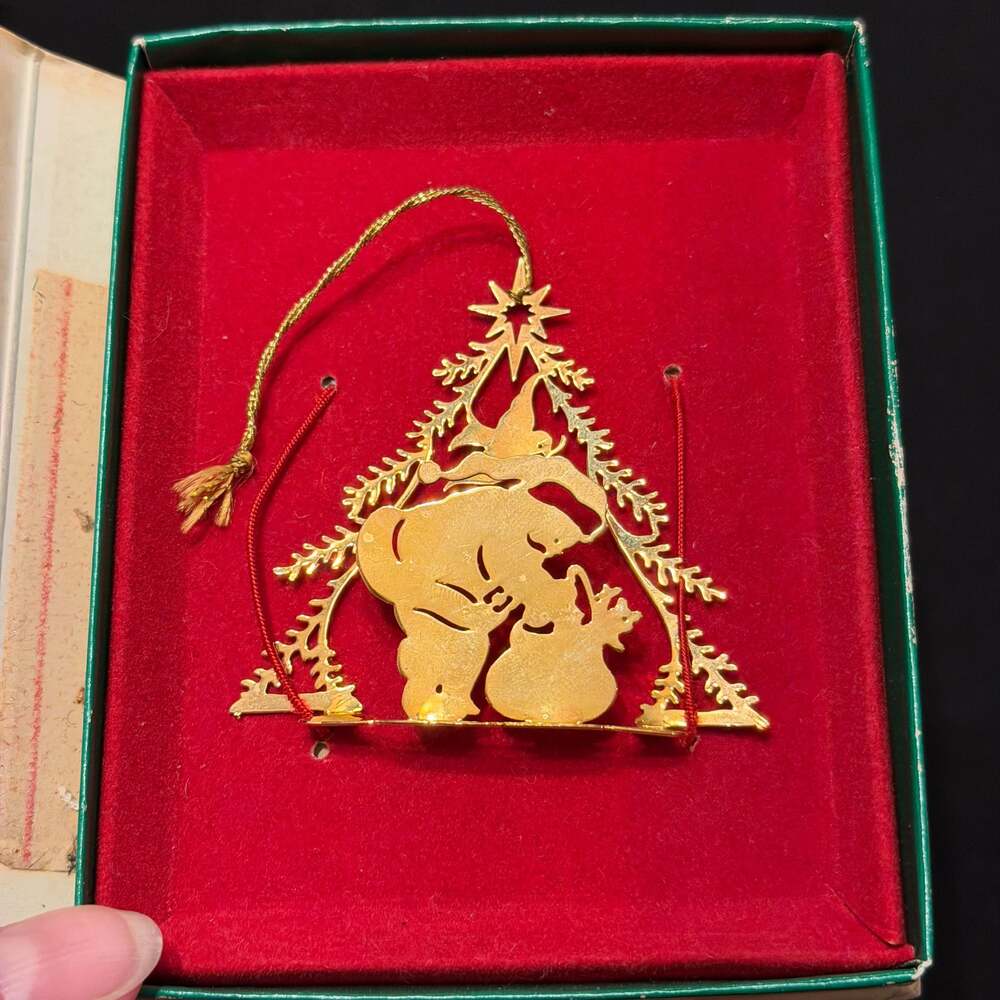 Vintage Lunt Silversmiths 24K Gold Ornament with Santa Under Christmas Tree